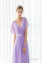 Purple Chiffon V-neck Backless Pleats Long Bridesmaid Dresses
