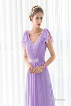 Purple Chiffon V-neck Backless Pleats Long Bridesmaid Dresses