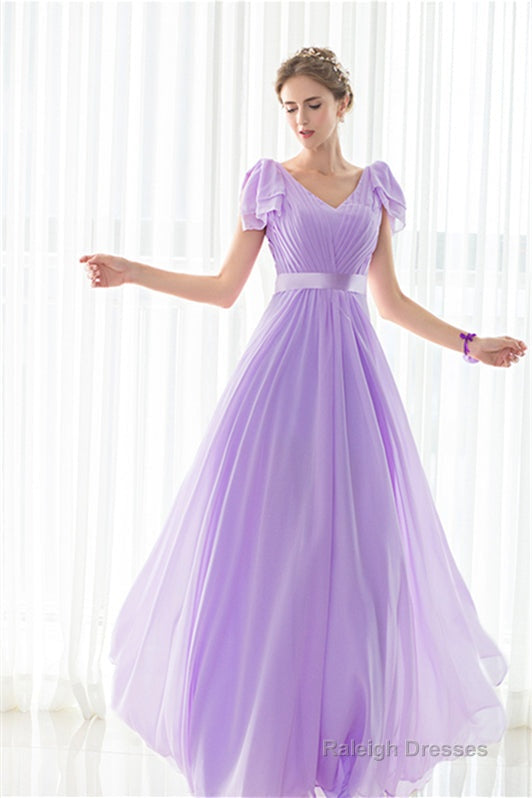Purple Chiffon V-neck Backless Pleats Long Bridesmaid Dresses