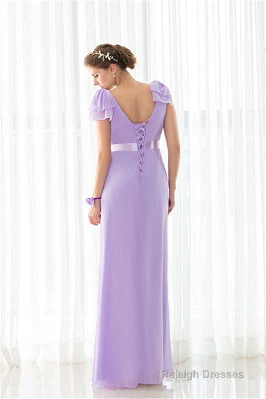 Purple Chiffon V-neck Backless Pleats Long Bridesmaid Dresses