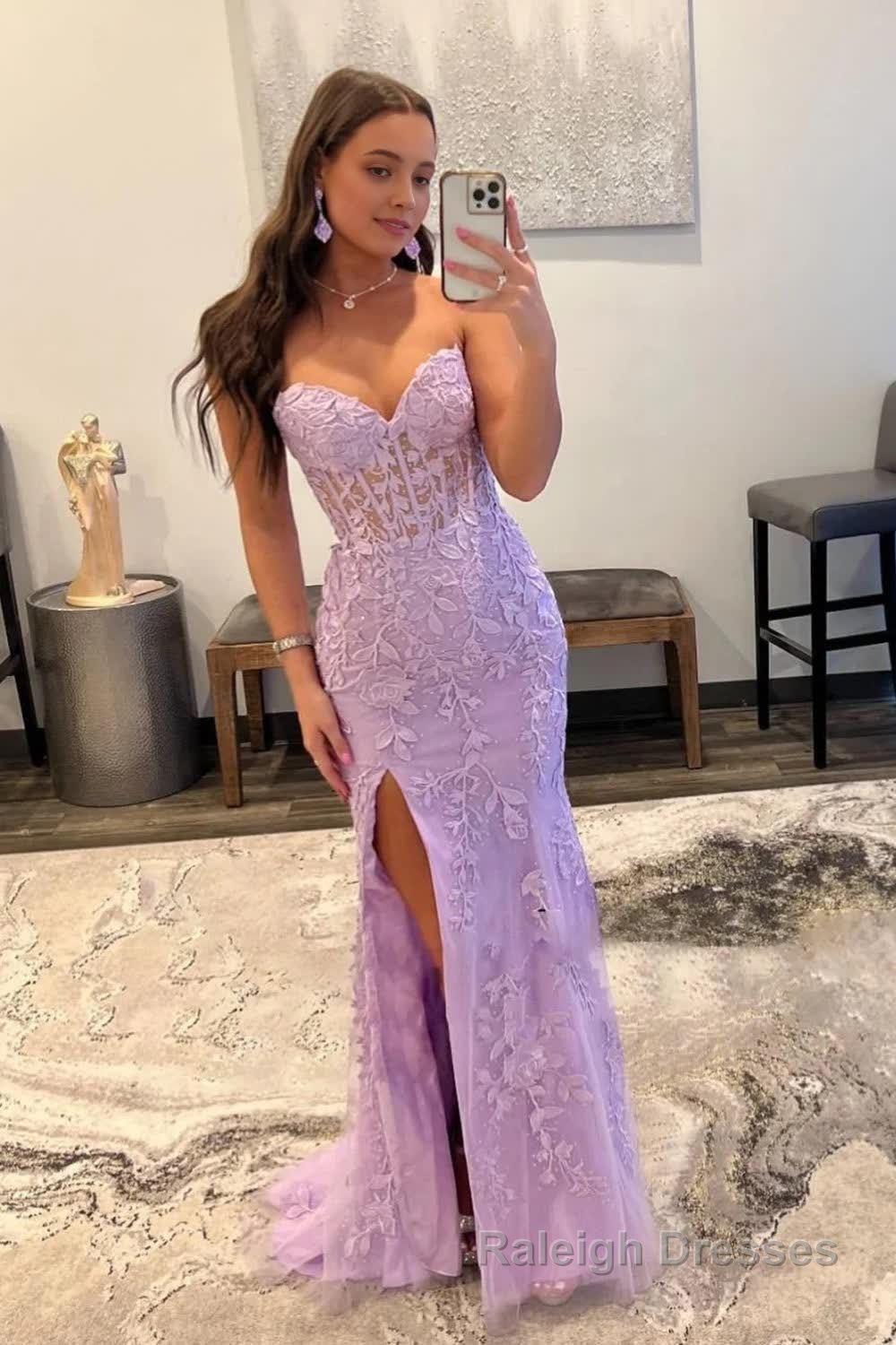 Purple Corset Sweetheart Long Lace Prom Dress with Slit Main image