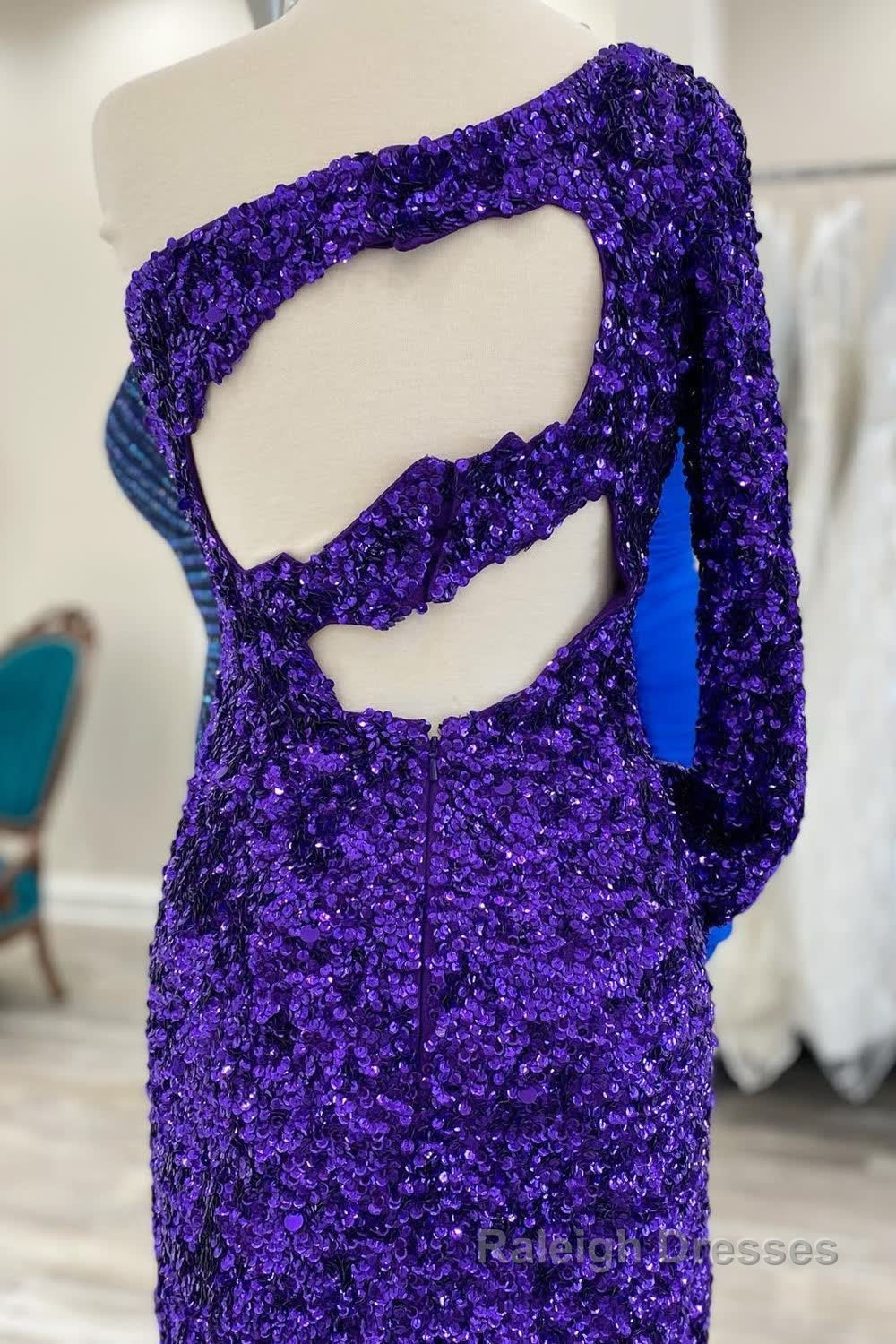 Purple Cut Out Open Back One Shoulder Sequins Homecoming Dress