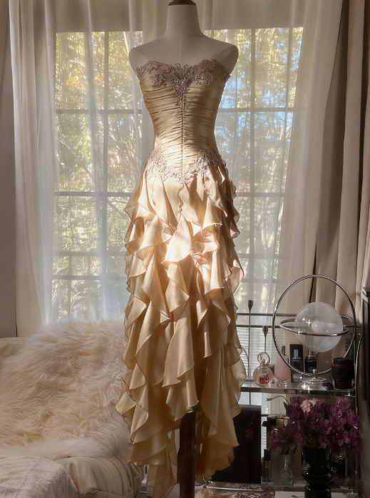 Purple ??Elegant Strapless Chiffon Applique Long Tiered Prom Dress Backless Prom Dress