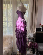 Purple ??Elegant Strapless Chiffon Applique Long Tiered Prom Dress Backless Prom Dress
