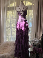 Purple ??Elegant Strapless Chiffon Applique Long Tiered Prom Dress Backless Prom Dress