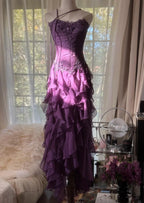 Purple ??Elegant Strapless Chiffon Applique Long Tiered Prom Dress Backless Prom Dress