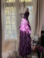 Purple ??Elegant Strapless Chiffon Applique Long Tiered Prom Dress Backless Prom Dress