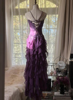 Purple ??Elegant Strapless Chiffon Applique Long Tiered Prom Dress Backless Prom Dress