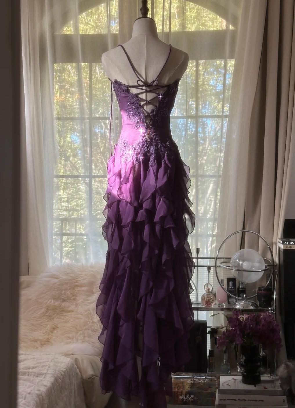 Purple ??Elegant Strapless Chiffon Applique Long Tiered Prom Dress Backless Prom Dress
