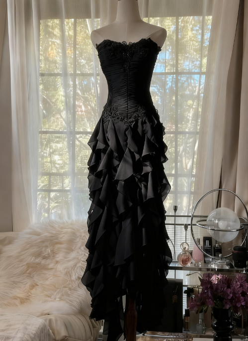 Purple ??Elegant Strapless Chiffon Applique Long Tiered Prom Dress Backless Prom Dress