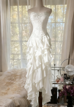 Purple ??Elegant Strapless Chiffon Applique Long Tiered Prom Dress Backless Prom Dress