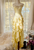 Purple ??Elegant Strapless Chiffon Applique Long Tiered Prom Dress Backless Prom Dress