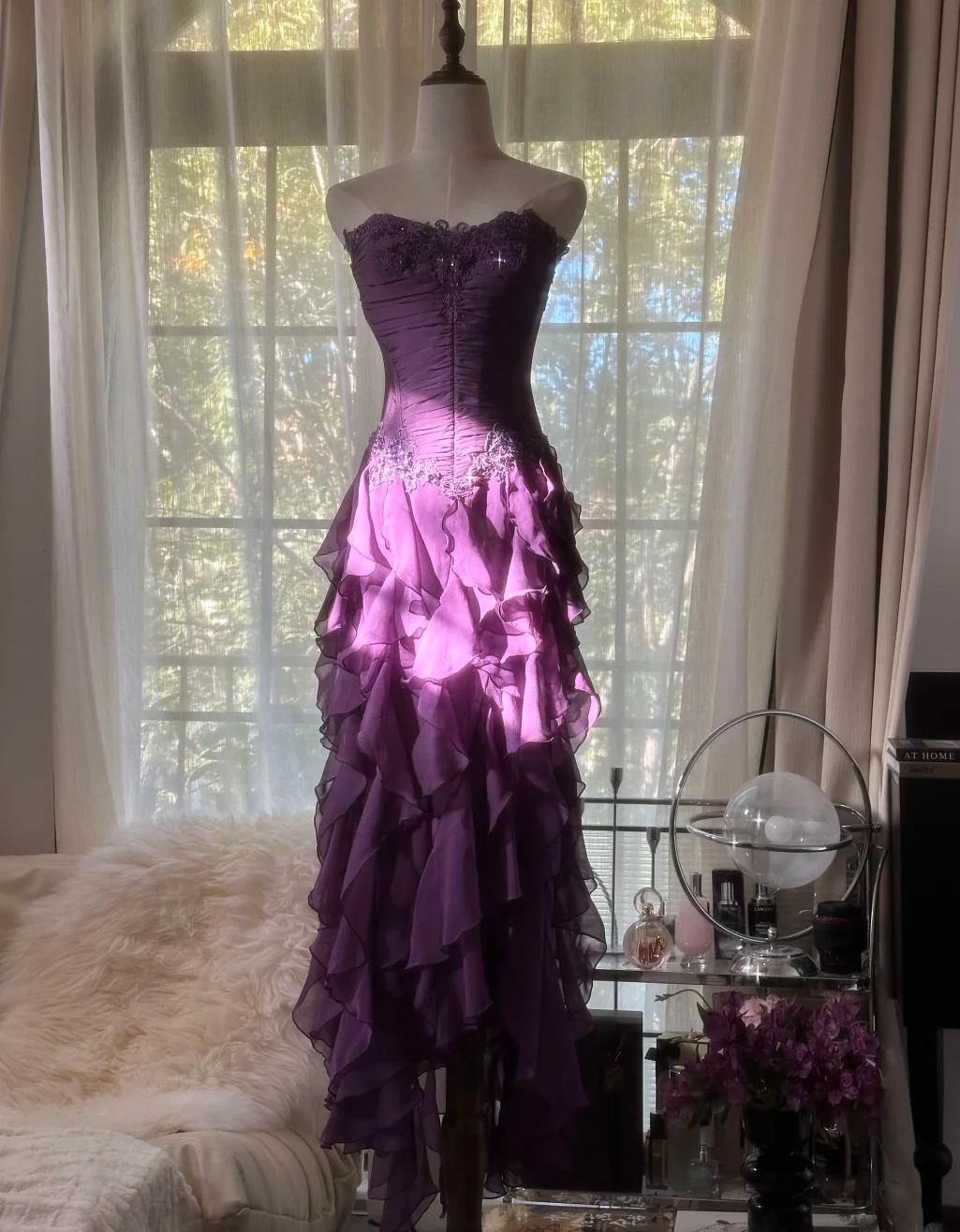 Purple ??Elegant Strapless Chiffon Applique Long Tiered Prom Dress Backless Prom Dress