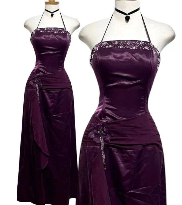Purple Fashion Elegant Vintage Backless Exquisite Beaded Halter Prom Party Dress Long Satin Formal Evening Dress Ball Gown Main image