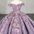 Purple Floral A Line Sequined Prom Ball Gowns