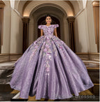 Purple Floral A Line Sequined Prom Ball Gowns