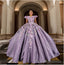 Purple Floral A Line Sequined Prom Ball Gowns