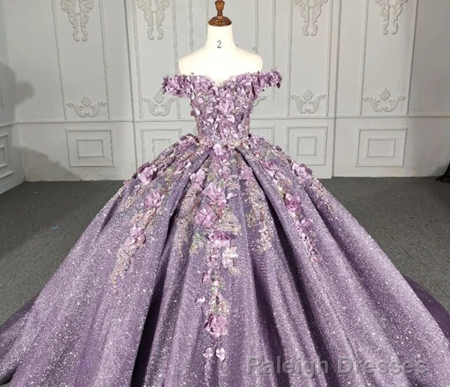 Purple Floral A Line Sequined Prom Ball Gowns
