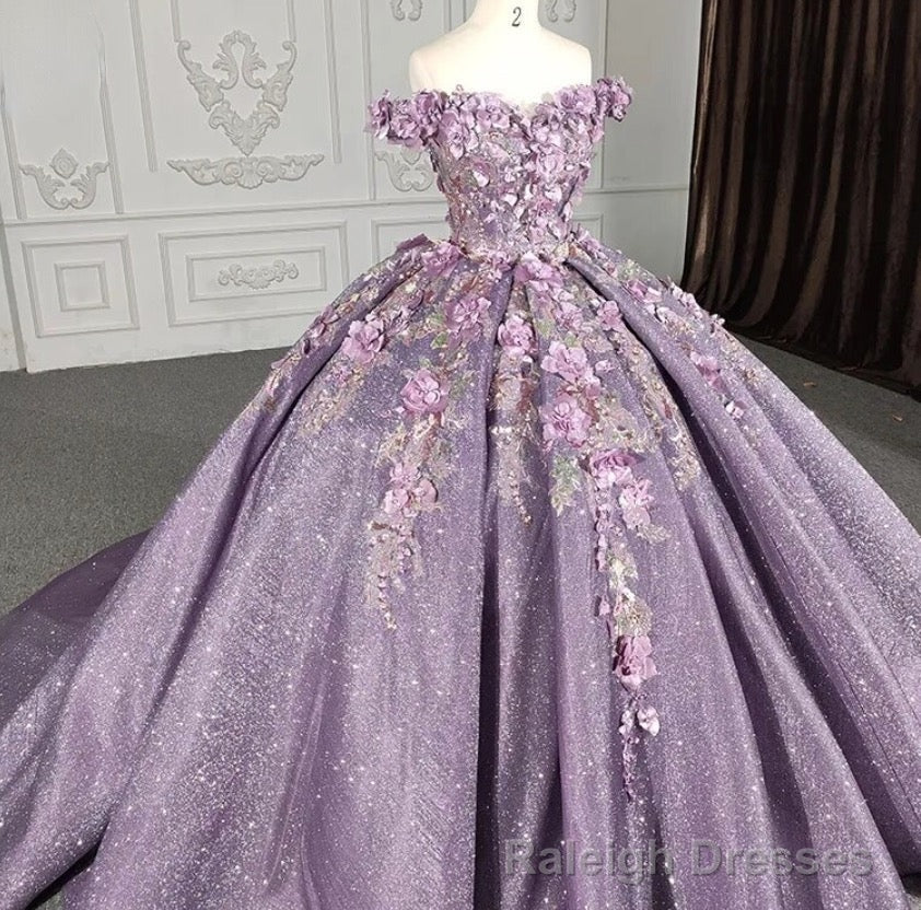 Purple Floral A Line Sequined Prom Ball Gowns