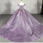 Purple Floral A Line Sequined Prom Ball Gowns