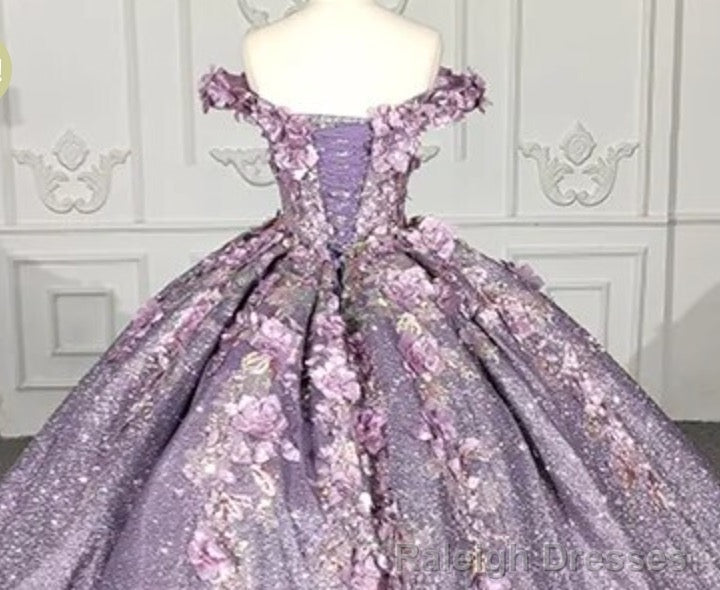 Purple Floral A Line Sequined Prom Ball Gowns