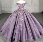 Purple Floral A Line Sequined Prom Ball Gowns