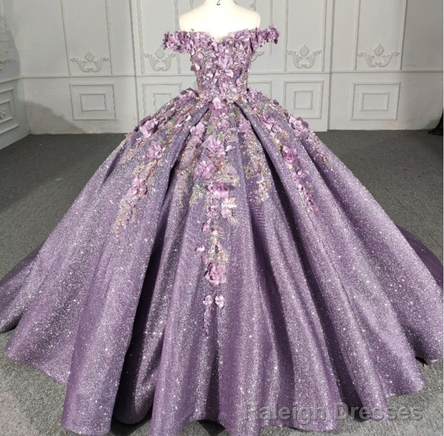 Purple Floral A Line Sequined Prom Ball Gowns