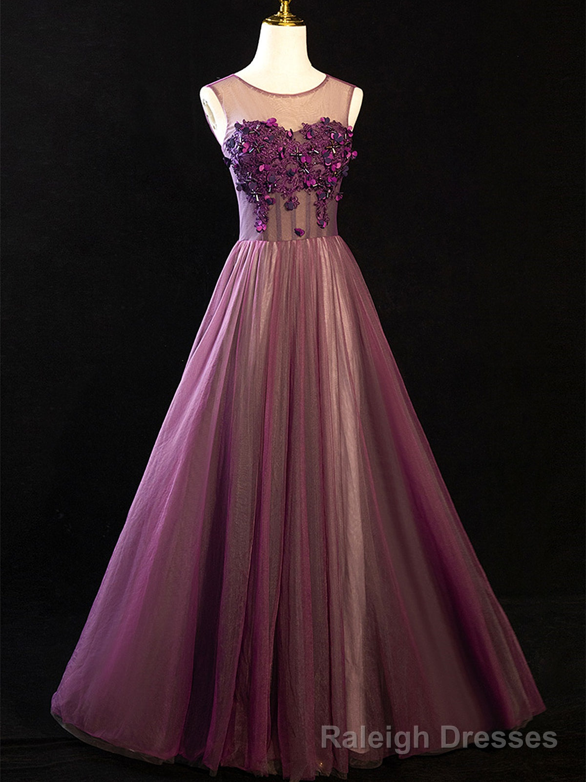 Purple Floral Long Lace Prom Dresses, Purple Floral Long Lace Formal Evening Dresses Main image