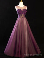 Purple Floral Long Lace Prom Dresses, Purple Floral Long Lace Formal Evening Dresses