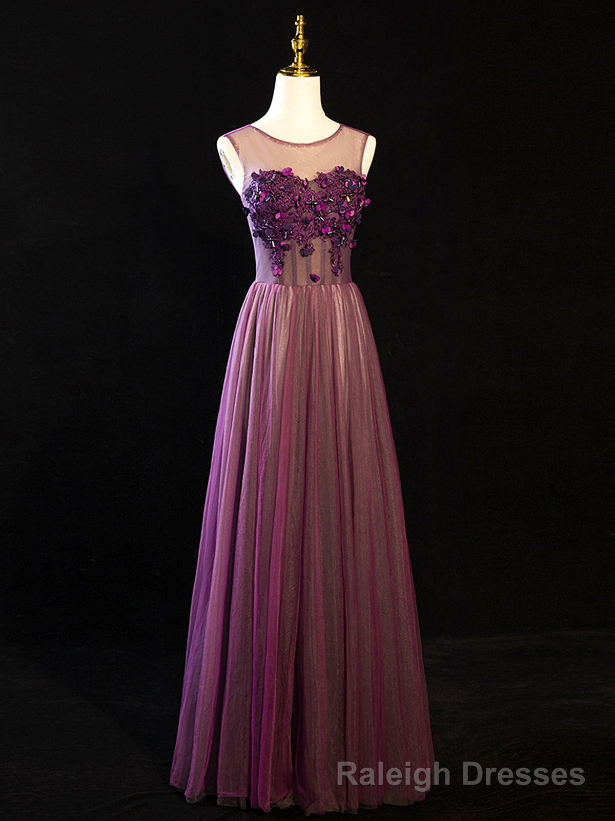 Purple Floral Long Lace Prom Dresses, Purple Floral Long Lace Formal Prom Dresses