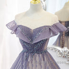 Purple Gradient A-Line Beaded Tulle Long Prom Dress, Floor Length Purple Evening Dress