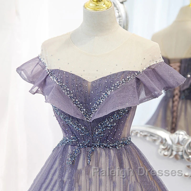 Purple Gradient A-Line Beaded Tulle Long Prom Dress, Floor Length Purple Evening Dress