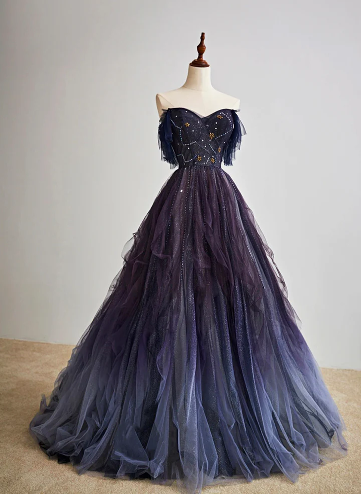 Purple Gradient Off Shoulder Beaded Sweetheart Prom Dresses Purple Long Tulle Prom Dresses