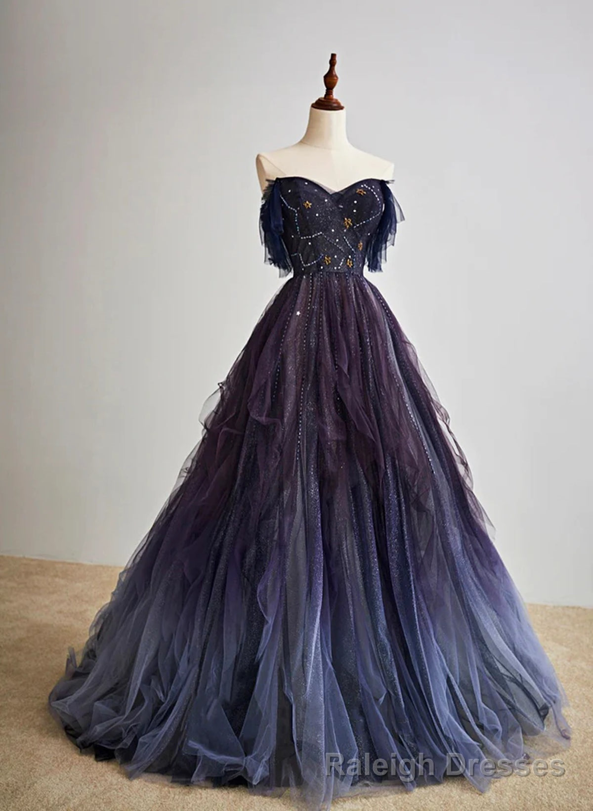 Purple Gradient Off Shoulder Beaded Sweetheart Prom Dress, Purple Long Tulle Formal Dress Main image
