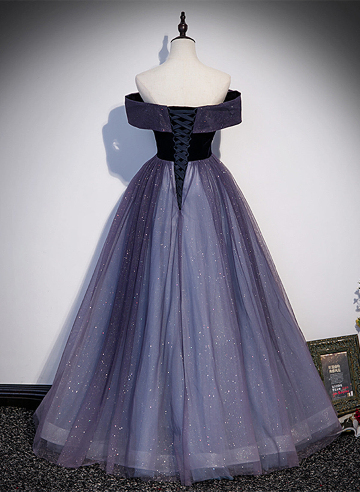 Purple Gradient Tulle Off Shoulder Long Party Dress, A-Line Purple Evening Dress Prom Dress
