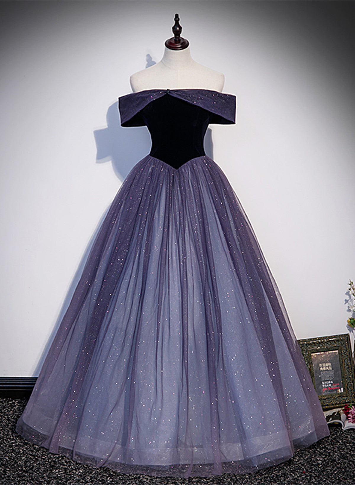 Purple Gradient Tulle Off Shoulder Long Party Dress, A-Line Purple Evening Dress Prom Dress