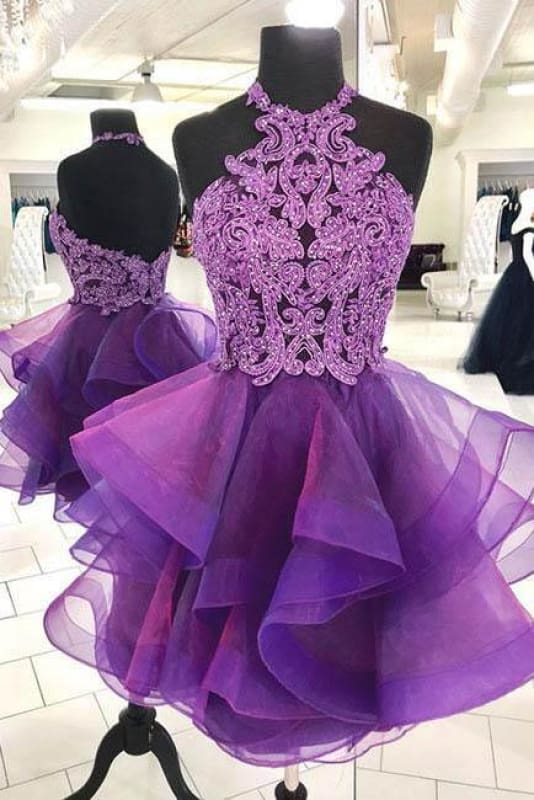 Purple Halter Asymmetrical Short Homecoming Dress with Beading Mini Cocktail Dress Main image