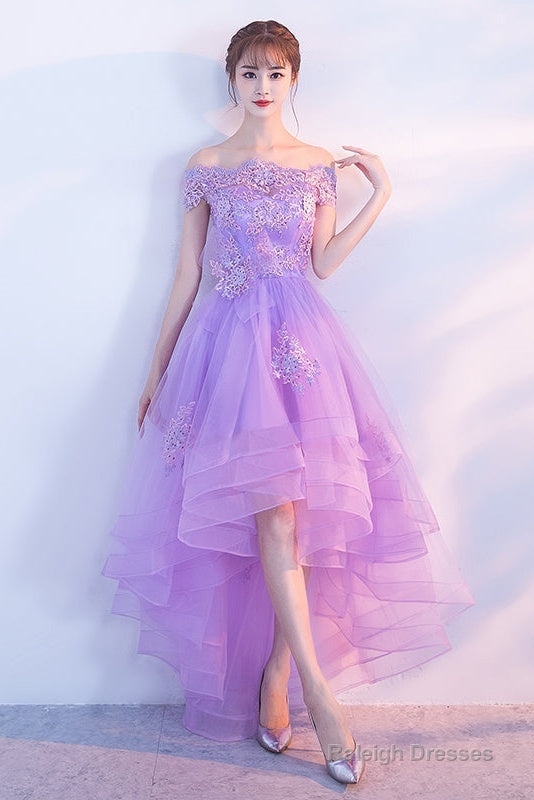 Purple High Low Off Shoulder Lace Applique Prom Dresses, Light Purple Homecoming Dresses