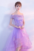 Purple High Low Off Shoulder Lace Applique Prom Dresses, Light Purple Homecoming Dresses