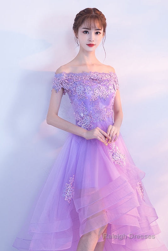 Purple High Low Off Shoulder Lace Applique Prom Dresses, Light Purple Homecoming Dresses