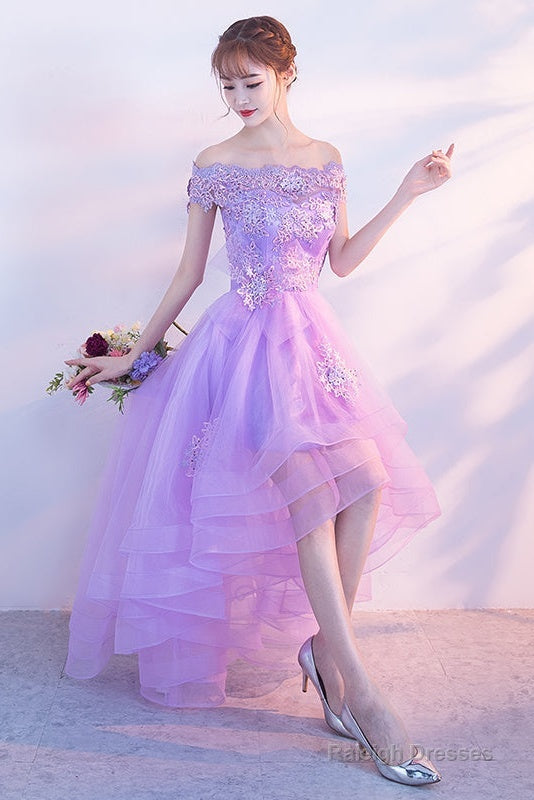 Purple High Low Off Shoulder Lace Applique Prom Dresses, Light Purple Homecoming Dresses