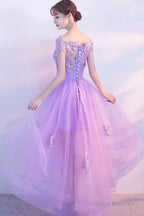 Purple High Low Off Shoulder Lace Applique Prom Dresses, Light Purple Homecoming Dresses