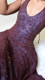 Purple Lace Halter Prom Dress Long Prom Dresses