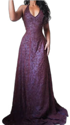 Purple Lace Halter Prom Dress Long Prom Dresses
