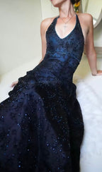 Purple Lace Halter Prom Dress Long Prom Dresses