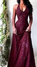 Purple Lace Halter Prom Dress Long Prom Dresses