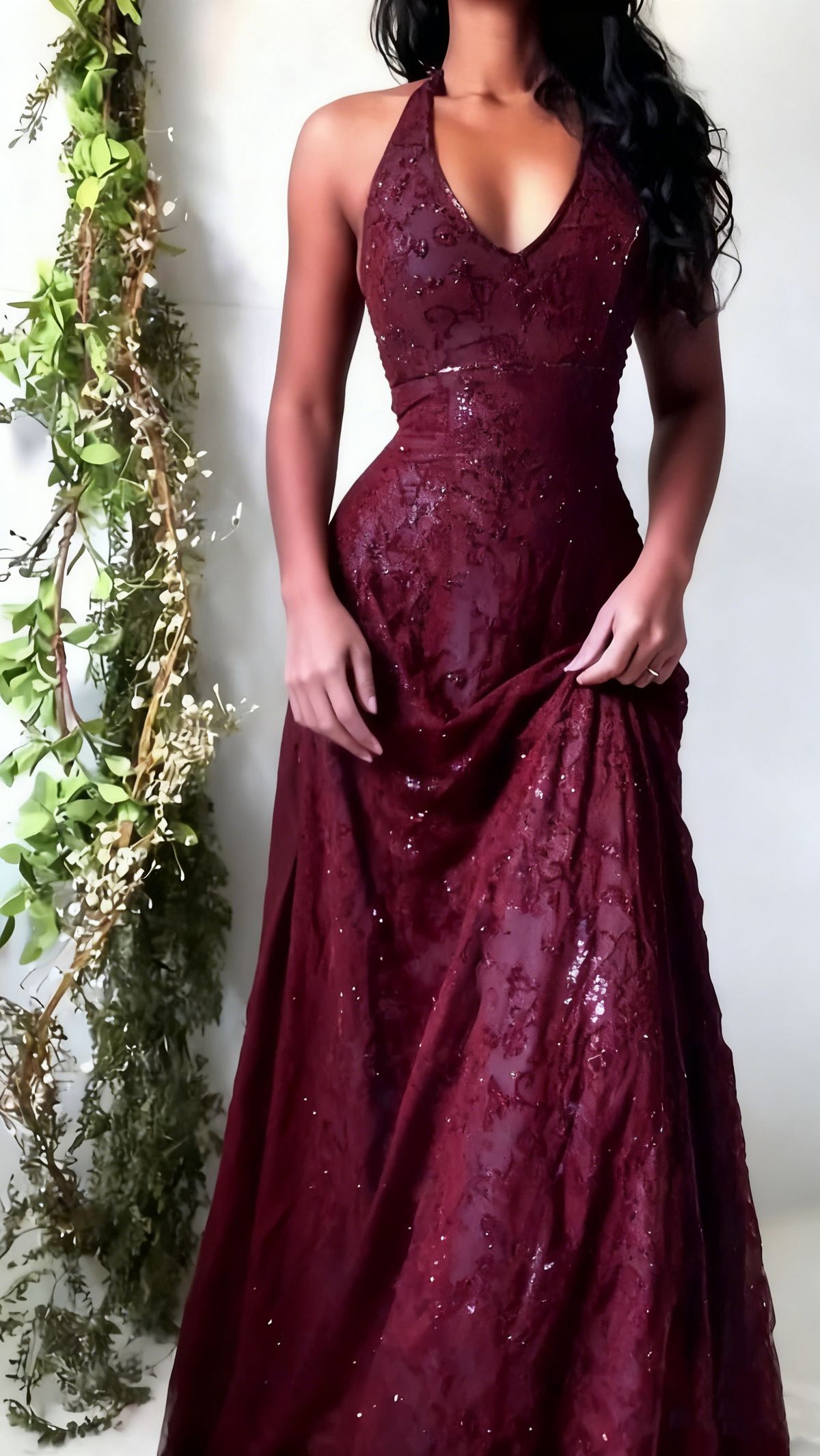 Purple Lace Halter Prom Dress Long Prom Dresses