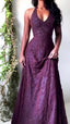 Purple Lace Halter Prom Dress Long Prom Dresses