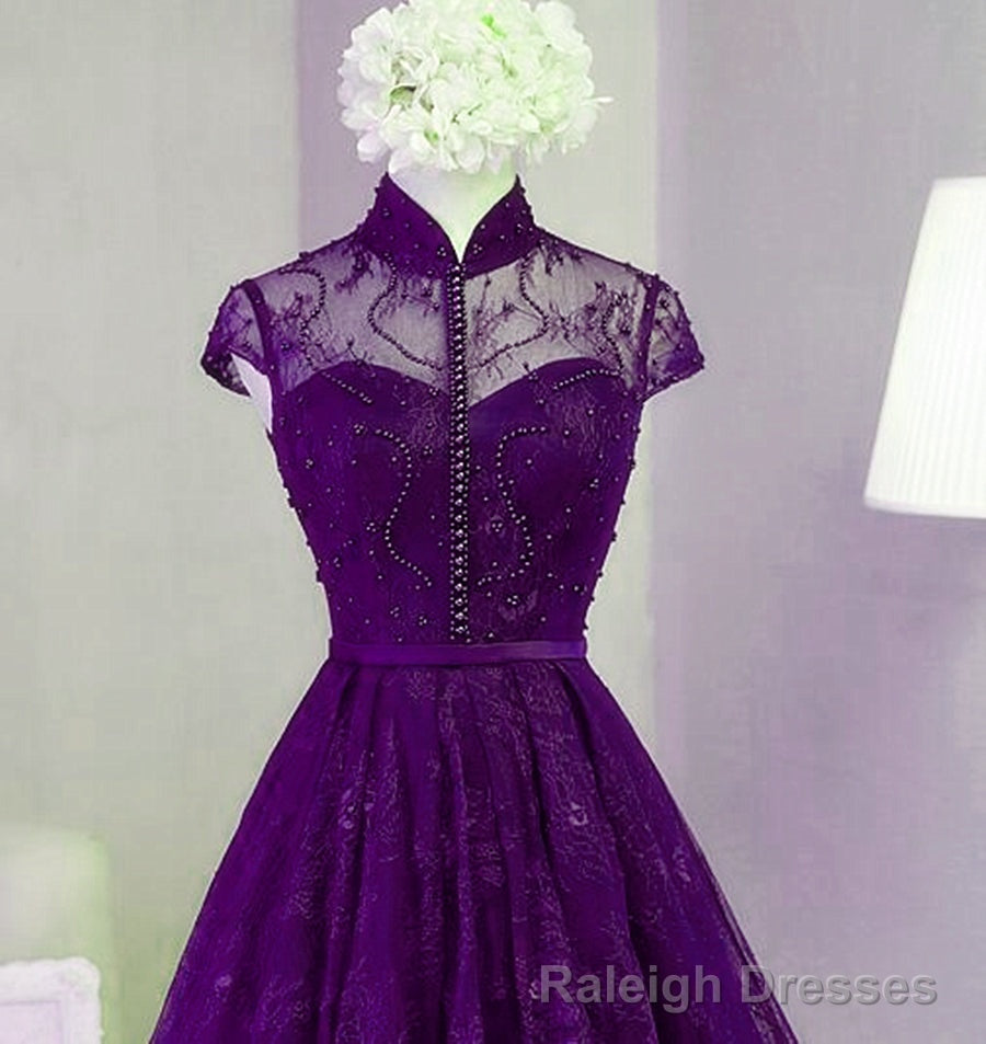 Purple Lace Knee Length Homecoming Dress, Purple Lace Short Prom Dress