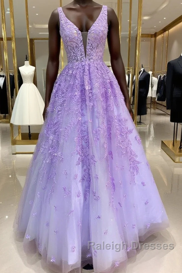 Purple Lace Long A-Line Prom Dresseses